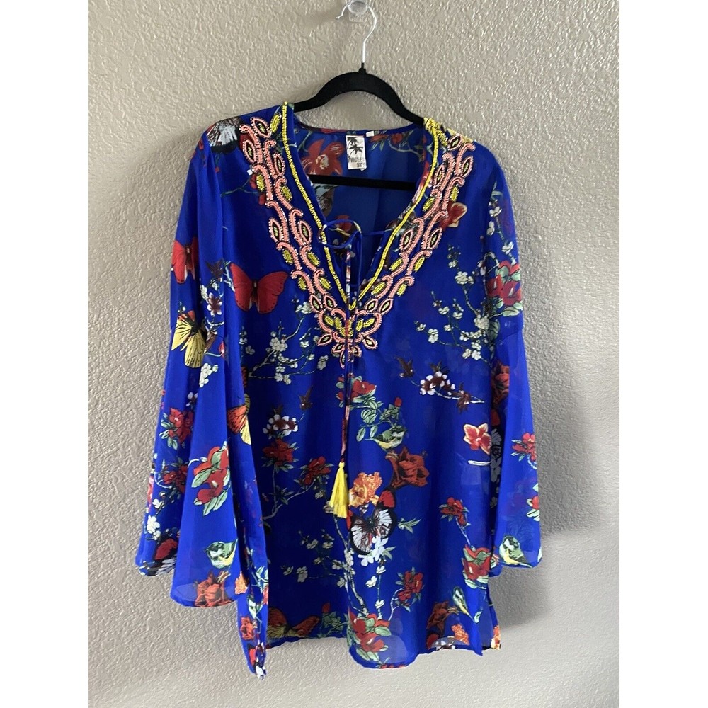 Violet Sky Kaftan Swim Cover Up Beaded Tassel Blue Floral butterfly Bell Sleeve